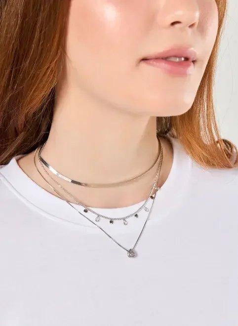 conjunto 3 colares prateados gota zircônia conjunto 3 colares prateados gota zircônia