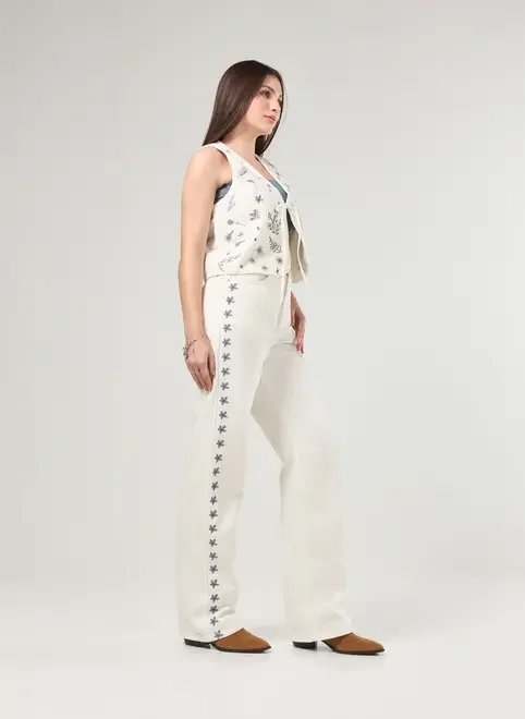 calça wide leg flores bordadas calça wide leg flores bordadas