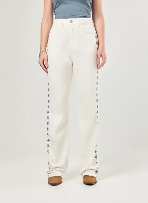 calça wide leg flores bordadas calça wide leg flores bordadas