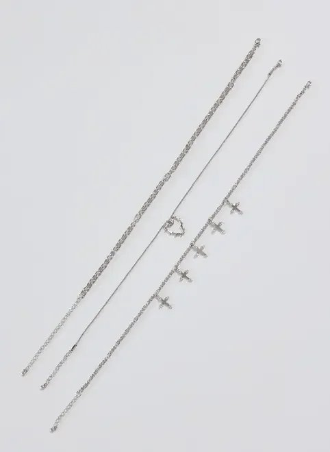 conjunto 3 colares prateados cruz e coração conjunto 3 colares prateados cruz e coração
