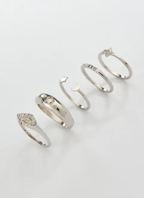 conjunto anéis prateados lua e estelas conjunto anéis prateados lua e estelas