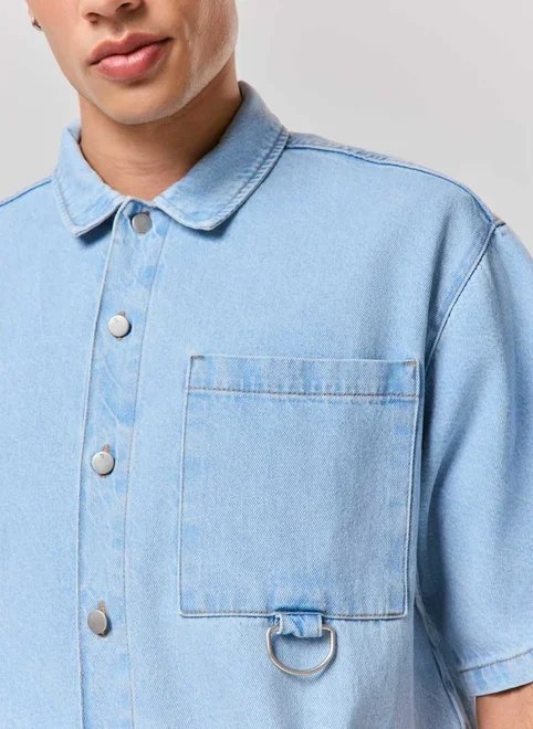 camisa box manga curta jeans camisa box manga curta jeans