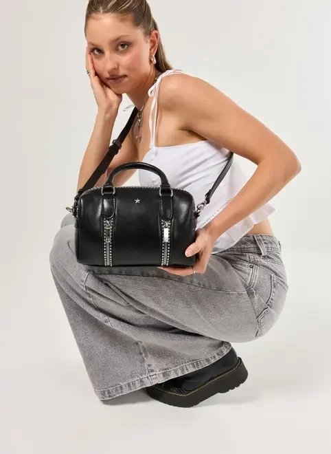 bolsa preta zíperes alça dupla bolsa preta zíperes alça dupla