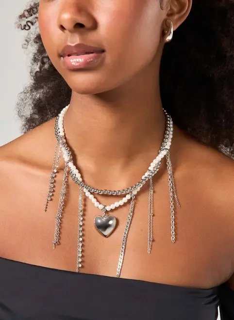 colar duplo pérolas artificiais com coração colar duplo pérolas artificiais com coração