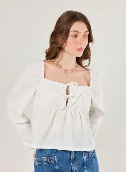 blusa manga longa off-white texturizada blusa manga longa off-white texturizada