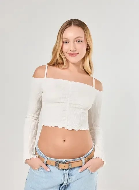 cropped manga longa ombro a ombro textura cropped manga longa ombro a ombro textura