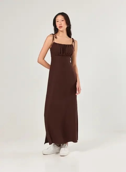 vestido midi marrom alcinha de laço vestido midi marrom alcinha de laço