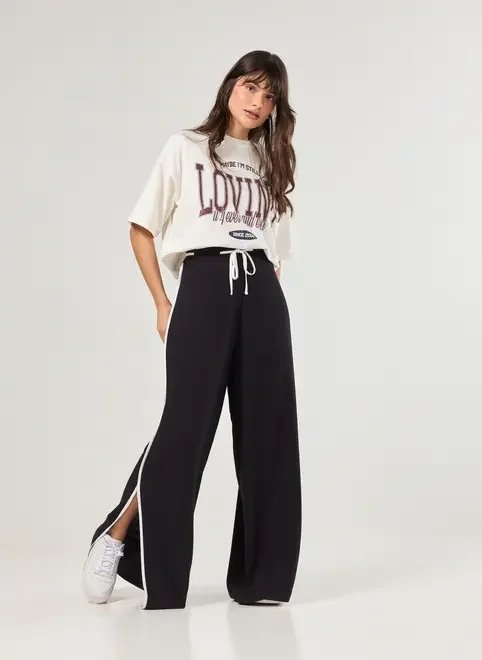 calça wide leg preta detalhes brancos calça wide leg preta detalhes brancos