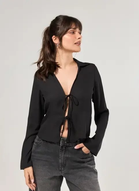 camisa manga longa lacinhos preta camisa manga longa lacinhos preta