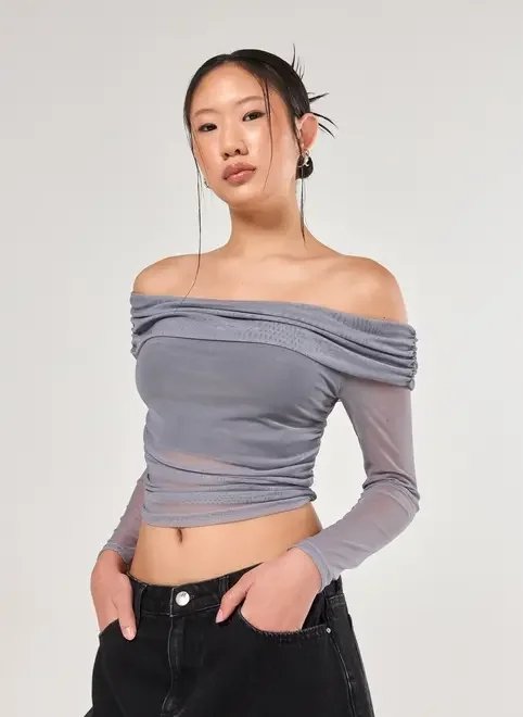 blusa ombro a ombro tule cinza blusa ombro a ombro tule cinza