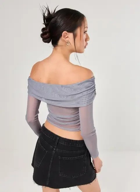 blusa ombro a ombro tule cinza blusa ombro a ombro tule cinza