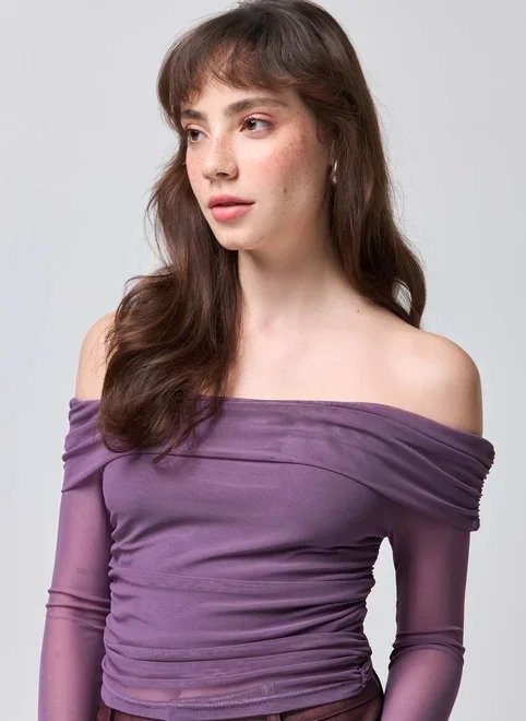 blusa ombro a ombro tule cinza blusa ombro a ombro tule cinza