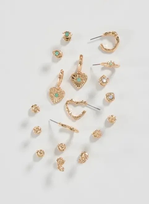 conjunto 9 brincos dourados pedra verde conjunto 9 brincos dourados pedra verde