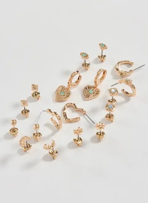 conjunto 9 brincos dourados pedra verde conjunto 9 brincos dourados pedra verde
