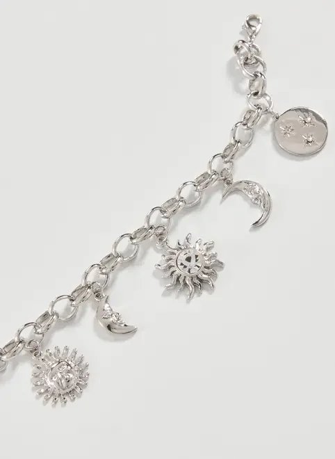 pulseira prateada pingentes sol e lua pulseira prateada pingentes sol e lua