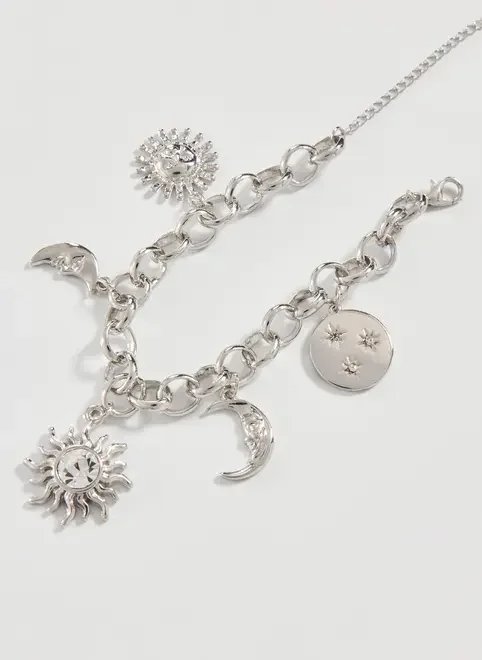 pulseira prateada pingentes sol e lua pulseira prateada pingentes sol e lua