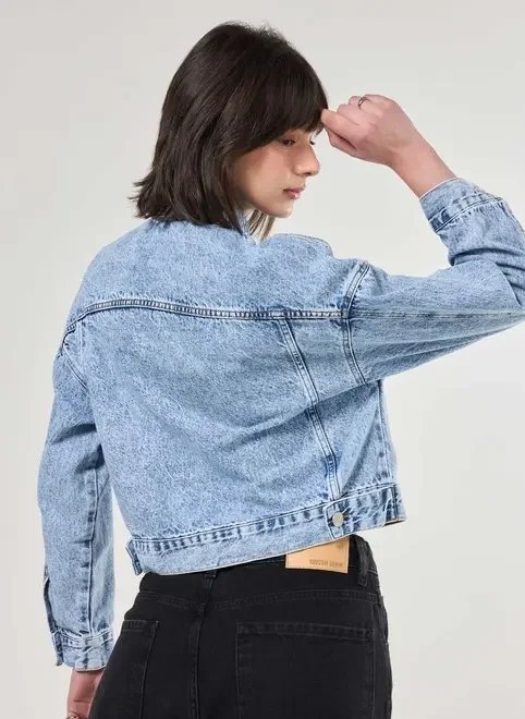 jaqueta cropped jeans marmorizado jaqueta cropped jeans marmorizado