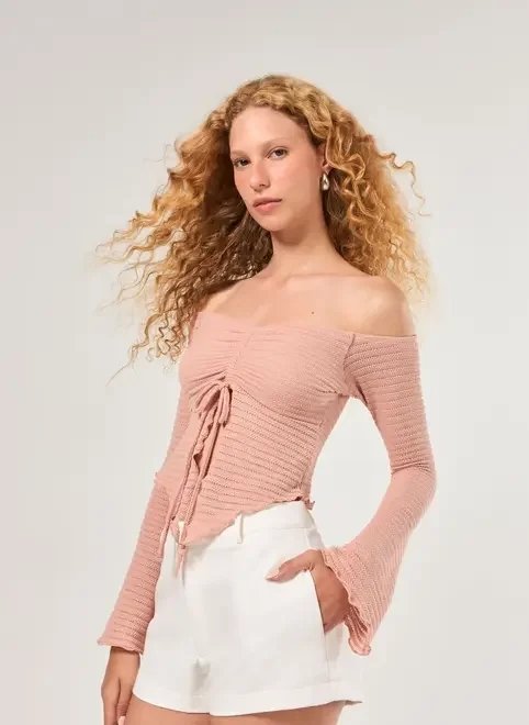 blusa manga longa rose textura blusa manga longa rose textura