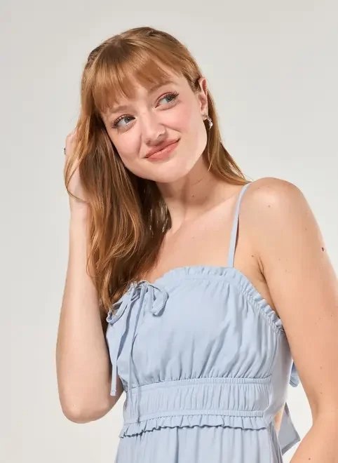 vestido longo azul elástico na cintura vestido longo azul elástico na cintura