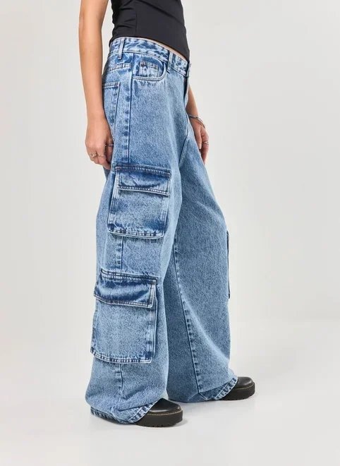 calça jeans cargo super wide leg calça jeans cargo super wide leg
