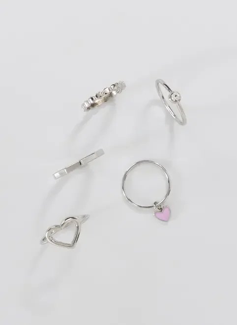 conjunto 5 anéis prateados coração conjunto 5 anéis prateados coração