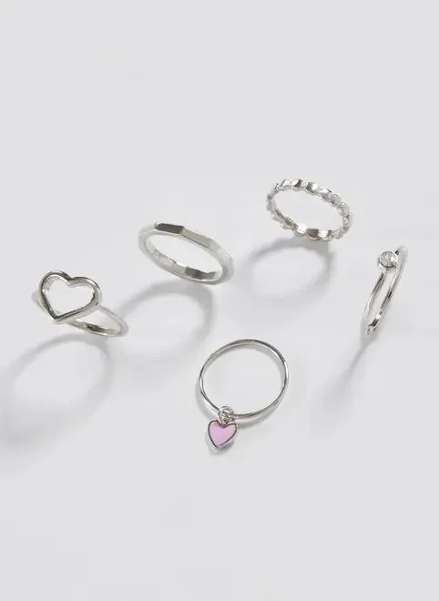 conjunto 5 anéis prateados coração conjunto 5 anéis prateados coração