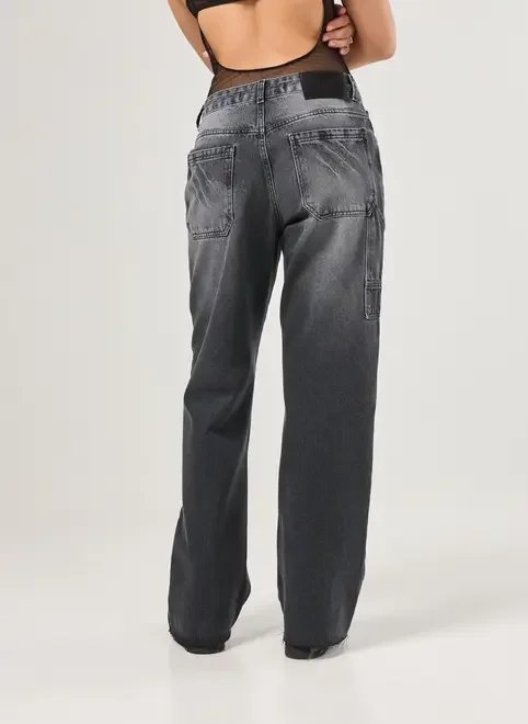 calça wide leg jeans preto com lavagem calça wide leg jeans preto com lavagem