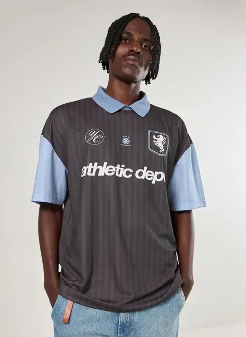 camiseta oversized polo esportiva cinza e azul camiseta oversized polo esportiva cinza e azul