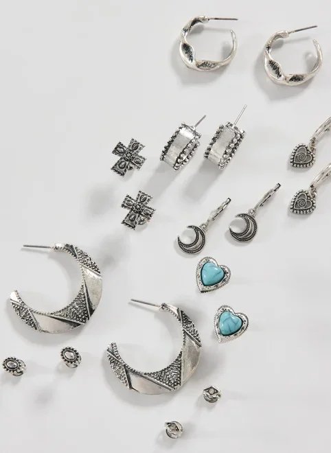 conjunto 9 brincos prateados boho conjunto 9 brincos prateados boho