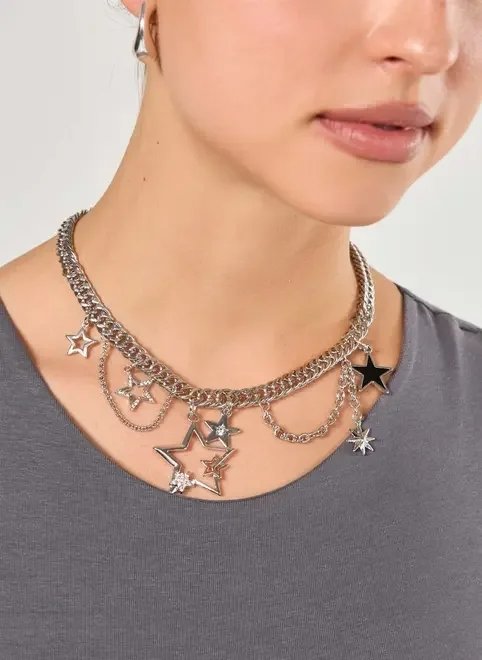 colar corrente estrelas com strass colar corrente estrelas com strass