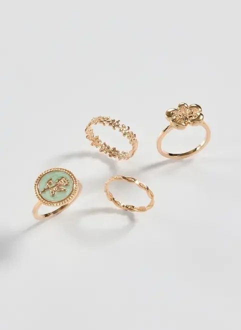 conjunto 4 anéis dourados flores conjunto 4 anéis dourados flores