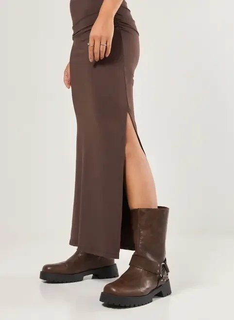 vestido midi poliamida marrom fenda vestido midi poliamida marrom fenda