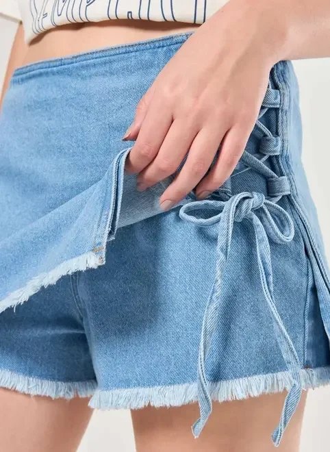 short saia jeans amarração short saia jeans amarração