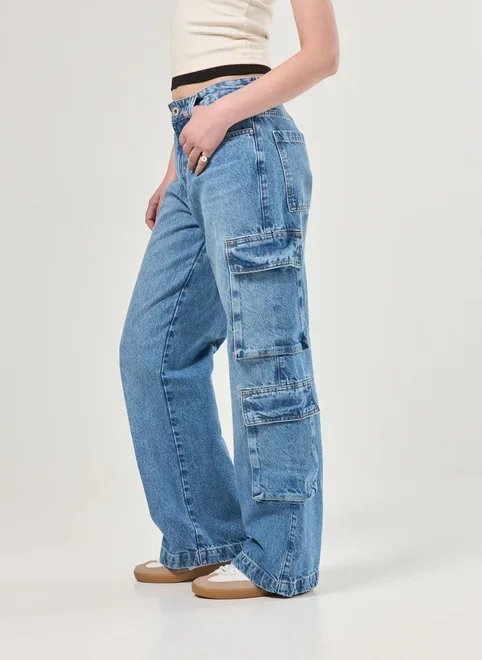 calça jeans wide leg bolsos cargo calça jeans wide leg bolsos cargo