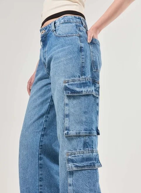 calça jeans wide leg bolsos cargo calça jeans wide leg bolsos cargo