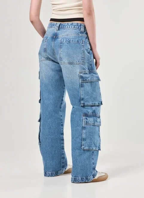 calça jeans wide leg bolsos cargo calça jeans wide leg bolsos cargo