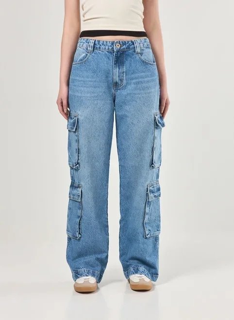 calça jeans wide leg bolsos cargo calça jeans wide leg bolsos cargo