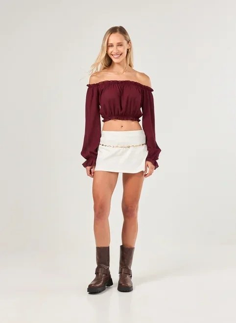 blusa ombro a ombro manga longa elástico blusa ombro a ombro manga longa elástico