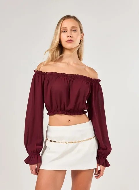 blusa ombro a ombro manga longa elástico blusa ombro a ombro manga longa elástico