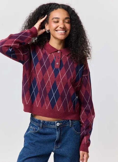 blusa de tricô polo xadrez argyle blusa de tricô polo xadrez argyle