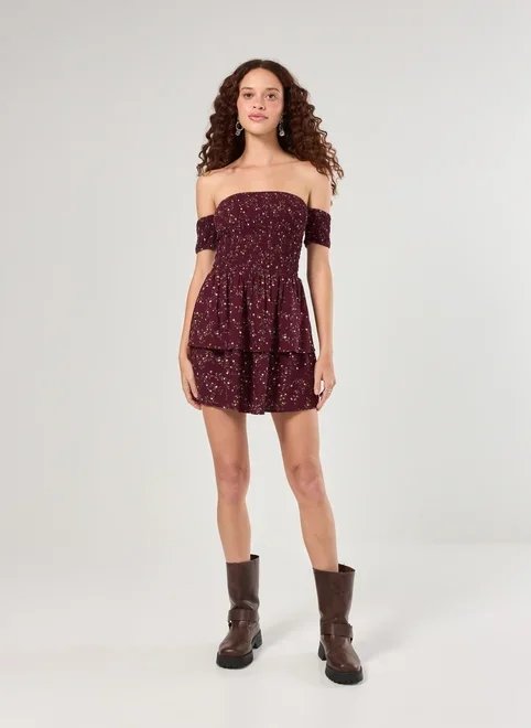 vestido ombro a ombro estampado bordô vestido ombro a ombro estampado bordô