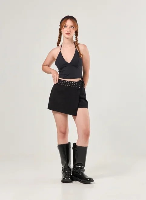 short saia sarja transpassado tachinhas short saia sarja transpassado tachinhas