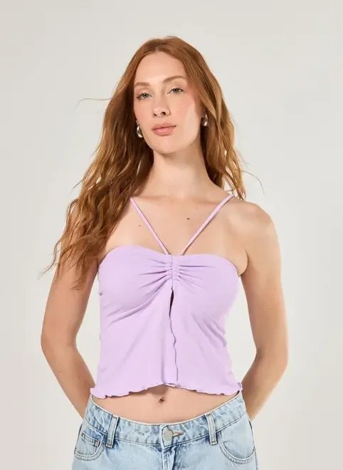 blusa poliamida lilás franzido e amarração blusa poliamida lilás franzido e amarração