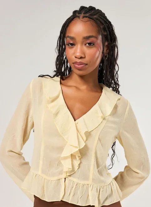 blusa manga longa babados texturizada blusa manga longa babados texturizada