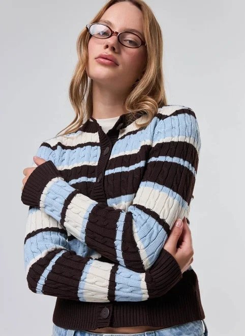 cardigan tricô listrado azul e marrom cardigan tricô listrado azul e marrom