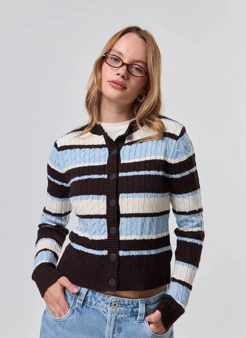 cardigan tricô listrado azul e marrom cardigan tricô listrado azul e marrom