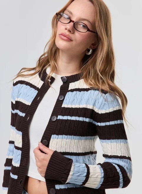 cardigan tricô listrado azul e marrom cardigan tricô listrado azul e marrom