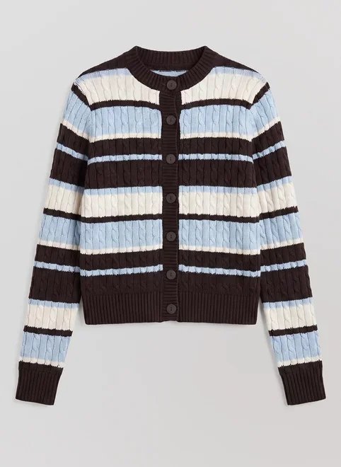 cardigan tricô listrado azul e marrom cardigan tricô listrado azul e marrom