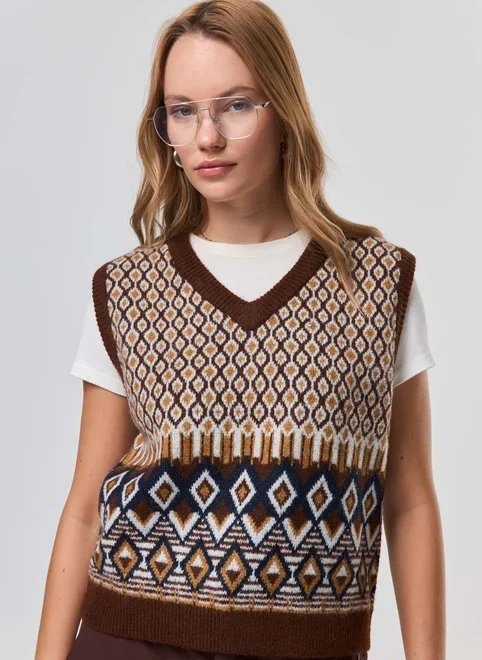 colete tricô marrom estampado colete tricô marrom estampado