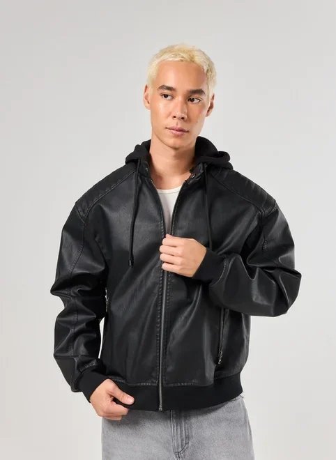 jaqueta preta poliuretano capuz moletom jaqueta preta poliuretano capuz moletom